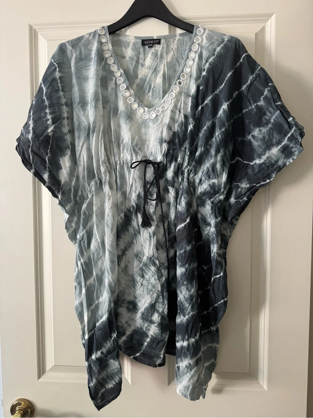 Venus Black & White Tie-Dye V-Neck Cotton Cover-Up Top One Size Fits All